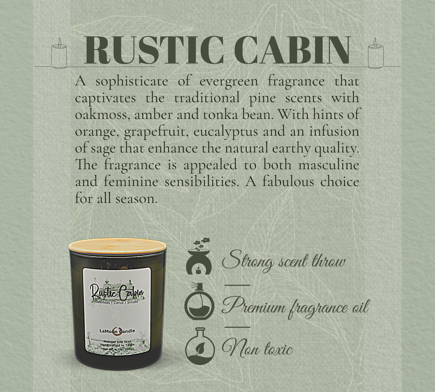 Natural soy wax candle in vintage green glass container and bamboo lid.