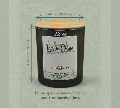Natural soy wax candle in vintage green glass container and bamboo lid.
