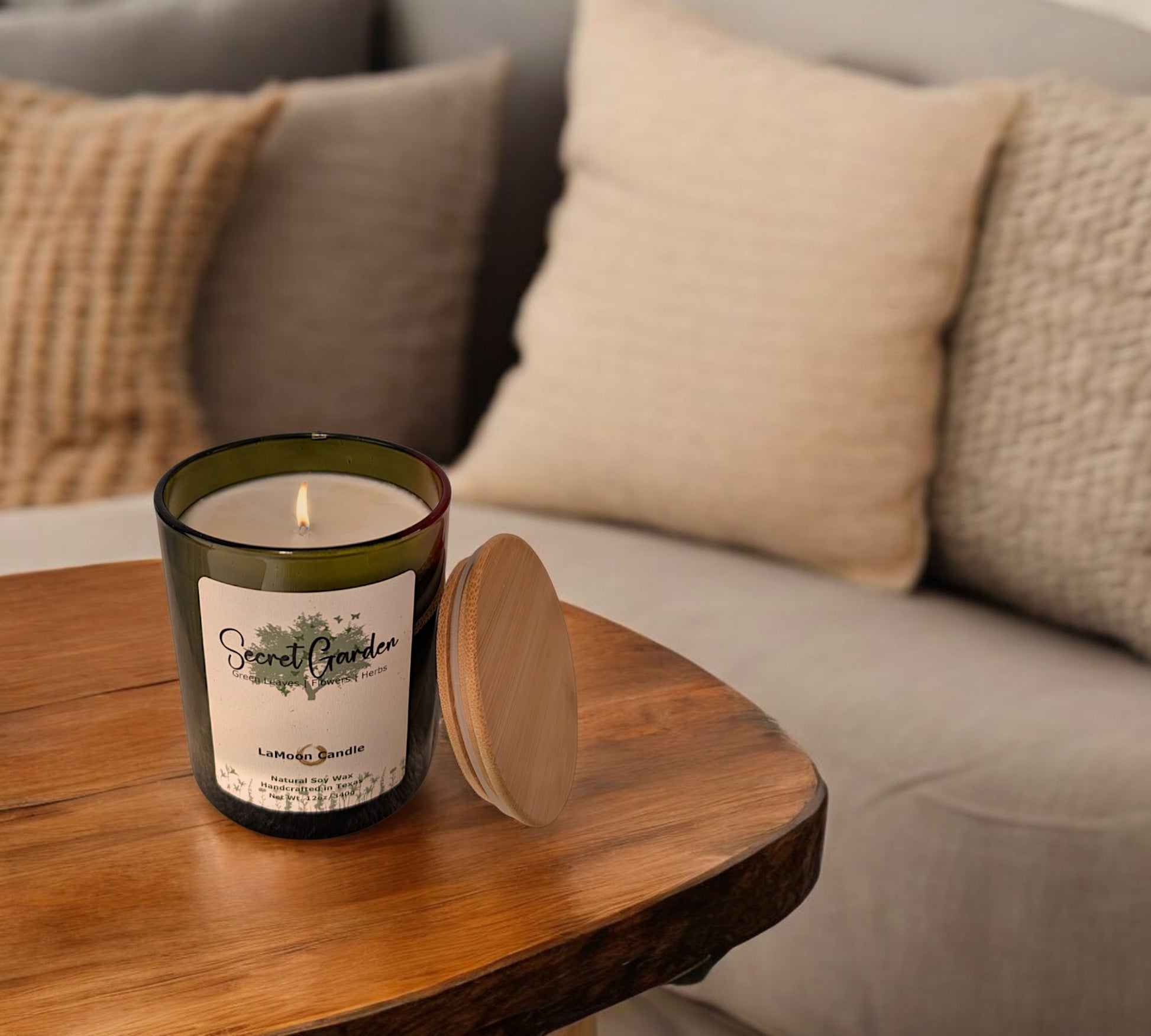 Natural soy wax candle in vintage green glass container and bamboo lid.