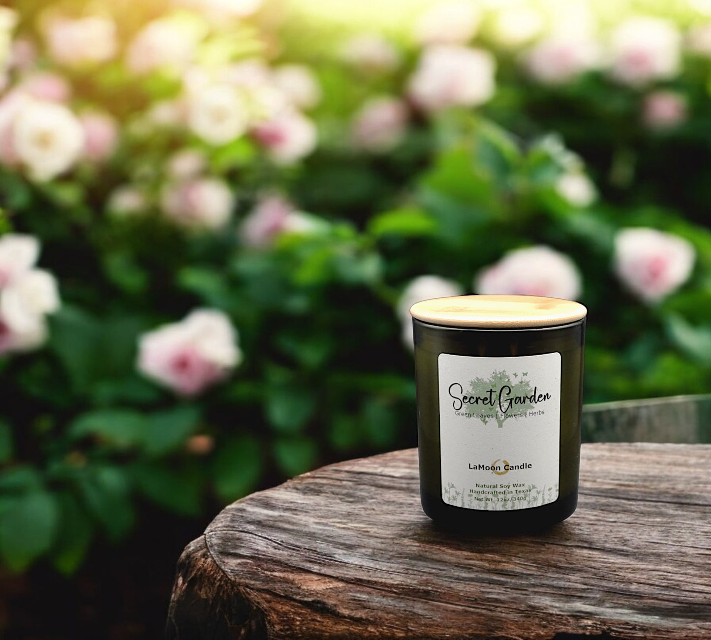 Natural soy wax candle in vintage green glass container and bamboo lid.