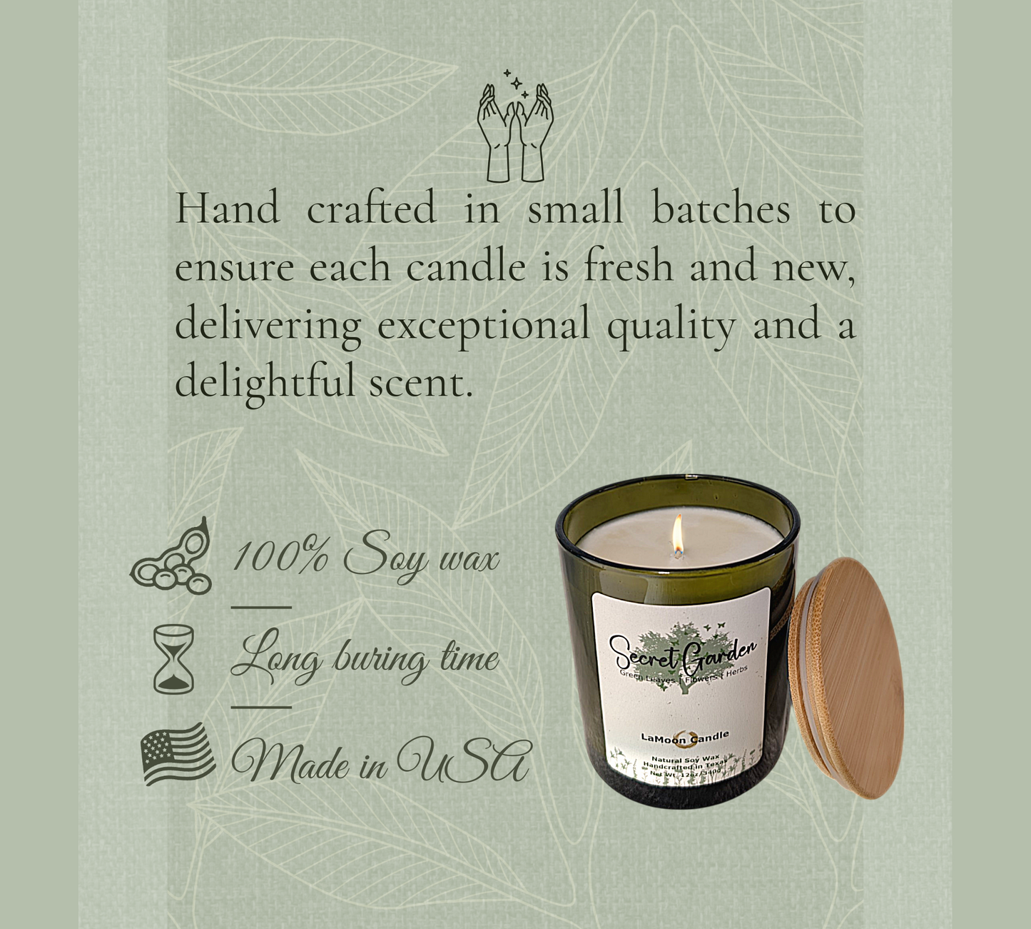 Natural soy wax candle in vintage green glass container and bamboo lid.
