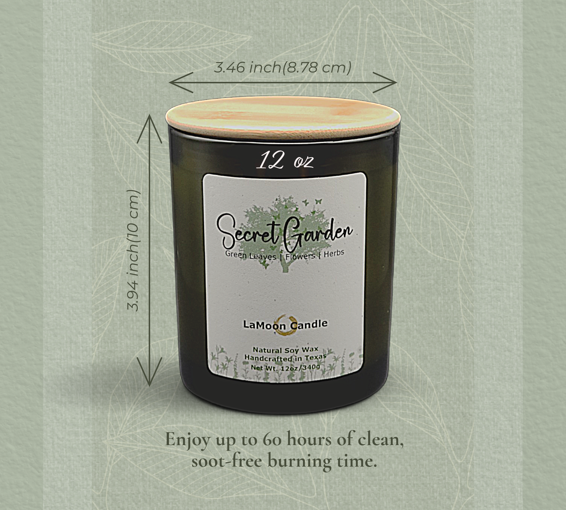 Natural soy wax candle in vintage green glass container and bamboo lid.