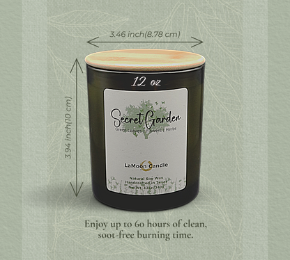 Natural soy wax candle in vintage green glass container and bamboo lid.