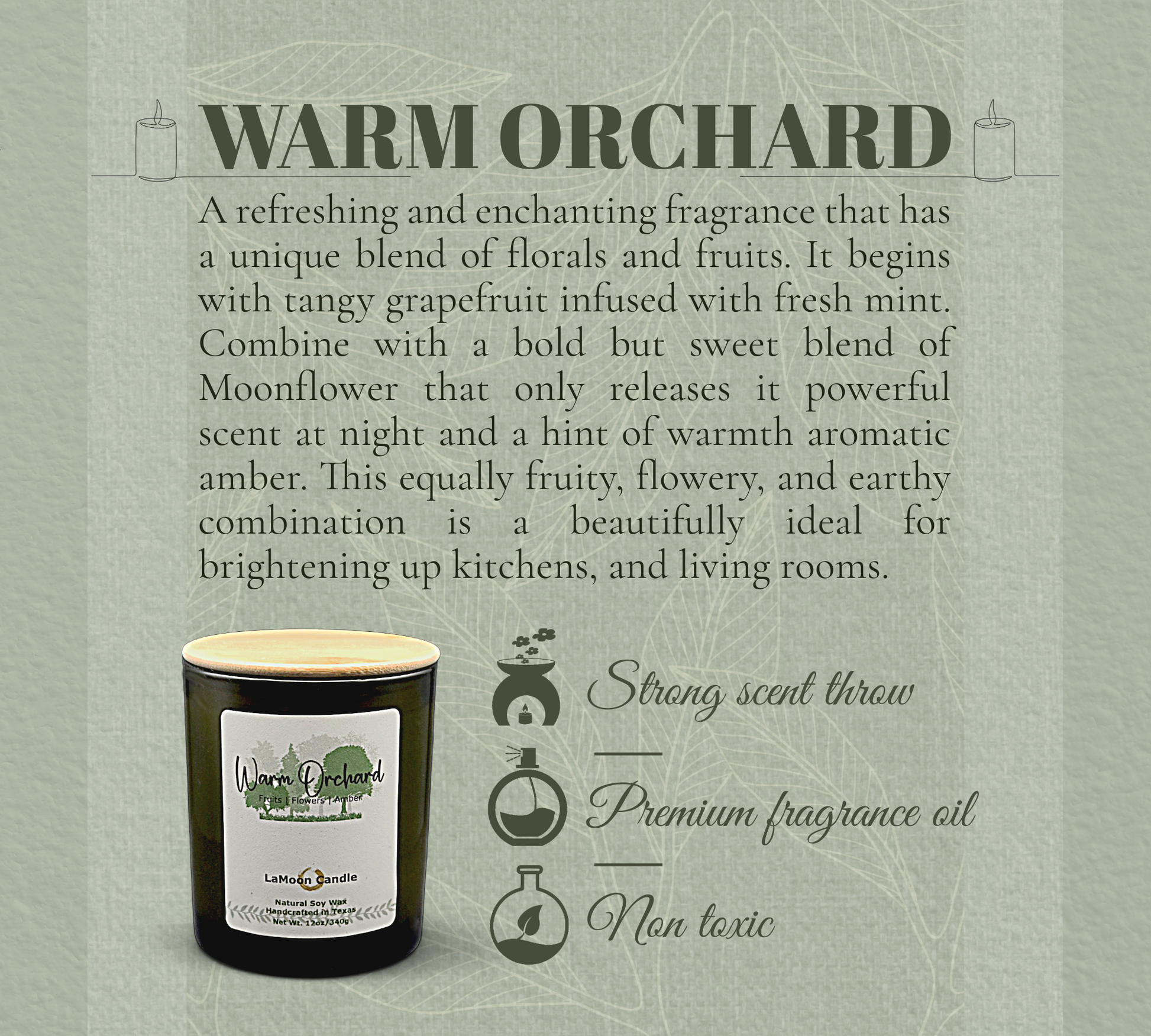 Natural soy wax candle in vintage green glass container and bamboo lid.