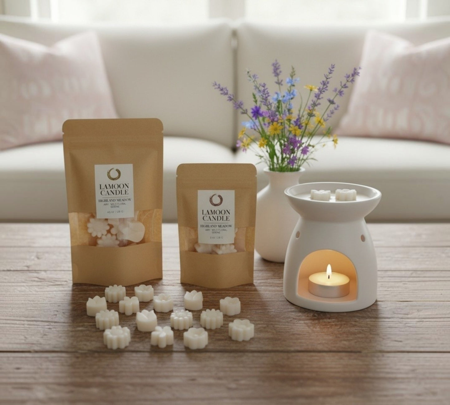 LaMoon Candle Highland Meadow flower-shaped soy wax melts in an eco-friendly brown kraft pouch