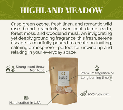 LaMoon Candle Highland Meadow flower-shaped soy wax melts in an eco-friendly brown kraft pouch