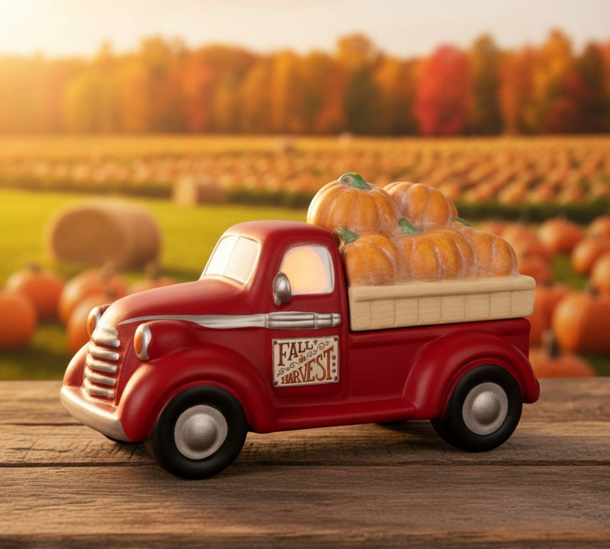 An electric wax warmer red pickup truck carrying orange pumpkins, parked on a wooden surface with a blurred autumn field and trees in the background. The side of the truck reads 'FALL HARVEST'.