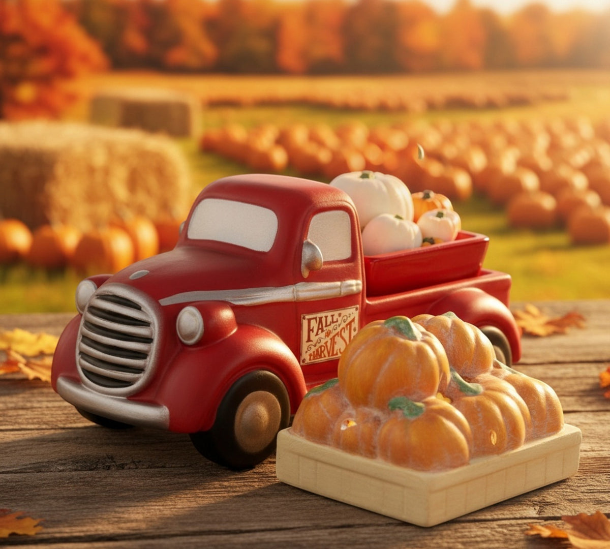 A decorative electric wax warmer red vintage pickup truck figurine with a small wooden crate of pumpkins in front, set on a wooden surface with a blurred autumn field of pumpkins in the background.