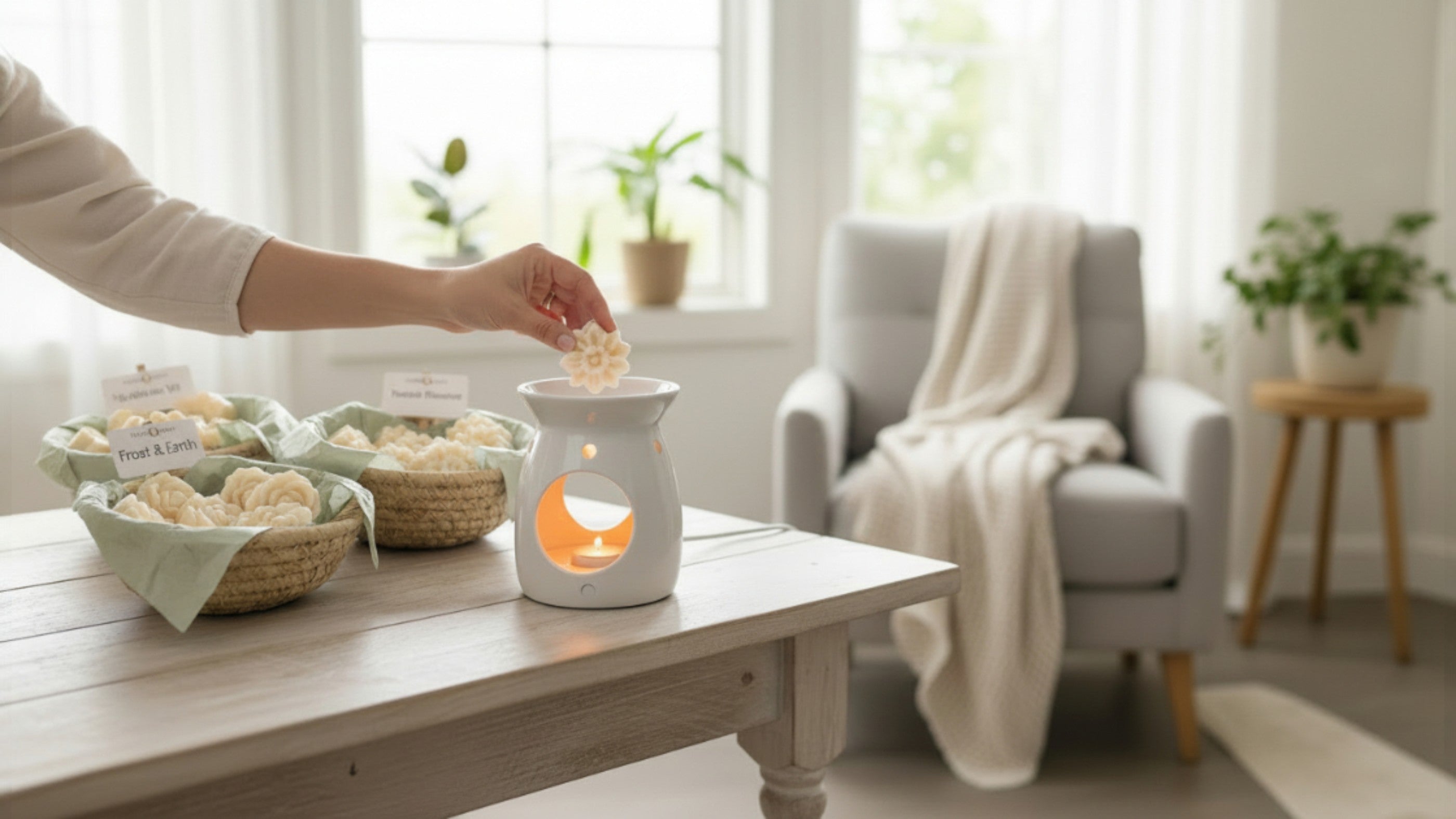 Person is putting a LaMoon Candle flower-shaped wax melt on to a wax melt warmer in a cozy living room. Next to the warmer are 3 woven baskets of LaMoon Candle flower-shaped wax melts.