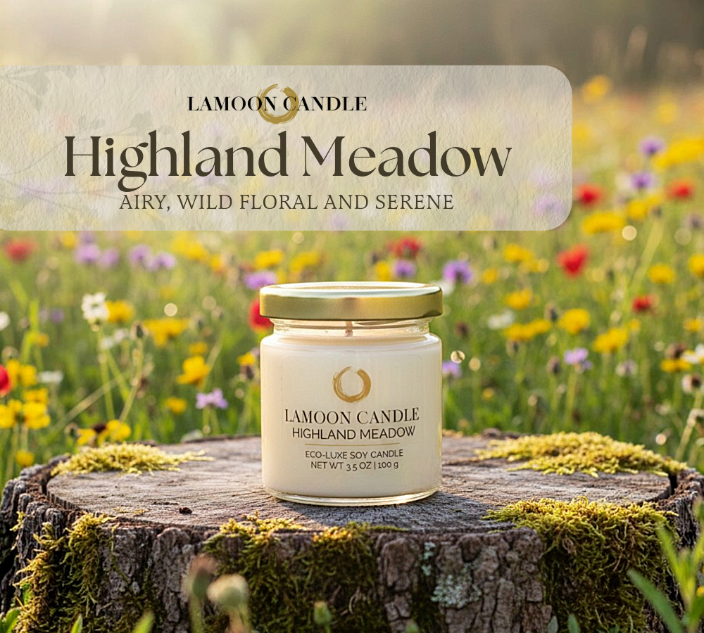 LaMoon Candle Highland Meadow 3.5 oz mini soy candle in a clear glass jar with a gold metallic twisted lid