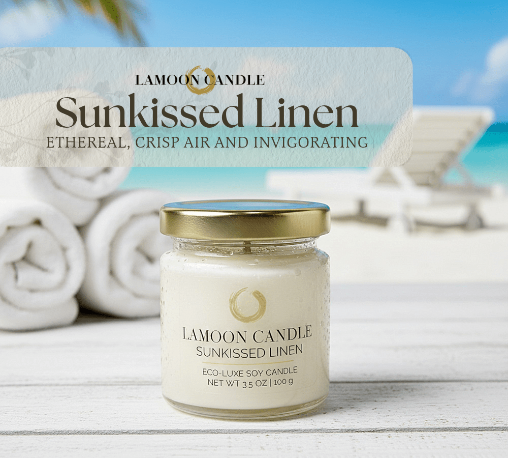Sunkissed Linen 3.5 oz Soy Candle – Clear Glass Jar with Gold Twisted Lid - LaMoon Candle
