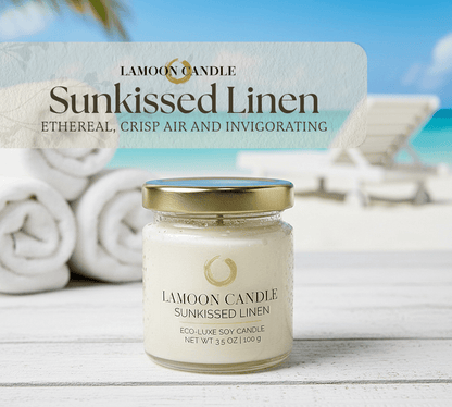 Sunkissed Linen 3.5 oz Soy Candle – Clear Glass Jar with Gold Twisted Lid - LaMoon Candle