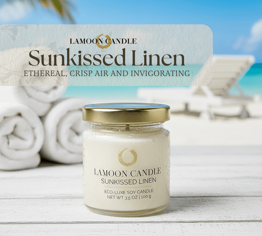 Sunkissed Linen 3.5 oz Soy Candle – Clear Glass Jar with Gold Twisted Lid - LaMoon Candle