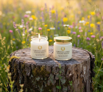 LaMoon Candle Highland Meadow 3.5 oz mini soy candle in a clear glass jar with a gold metallic twisted lid