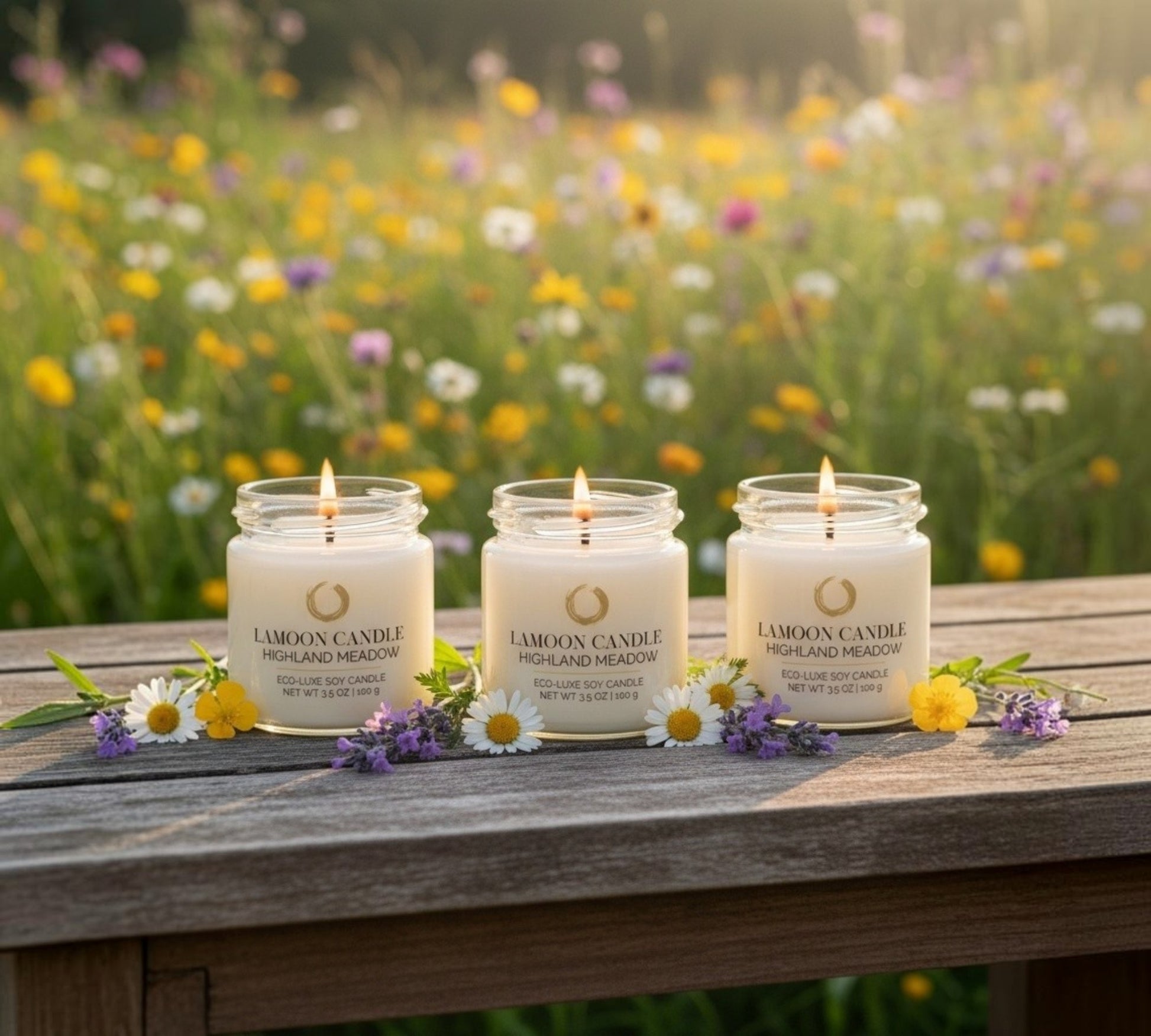 LaMoon Candle Highland Meadow 3.5 oz mini soy candle in a clear glass jar with a gold metallic twisted lid