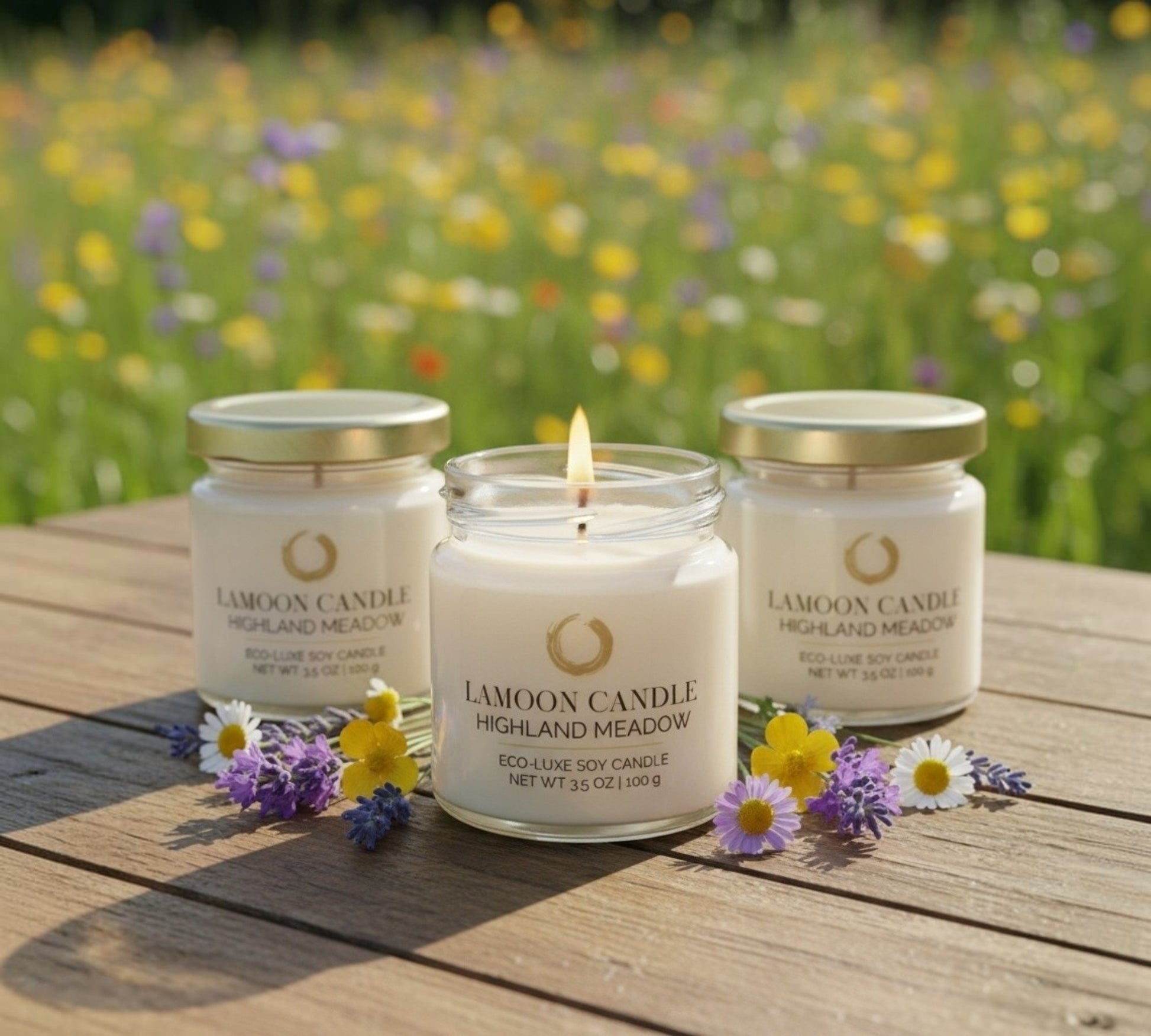 LaMoon Candle Highland Meadow 3.5 oz mini soy candle in a clear glass jar with a gold metallic twisted lid