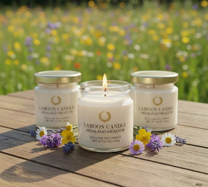 LaMoon Candle Highland Meadow 3.5 oz mini soy candle in a clear glass jar with a gold metallic twisted lid