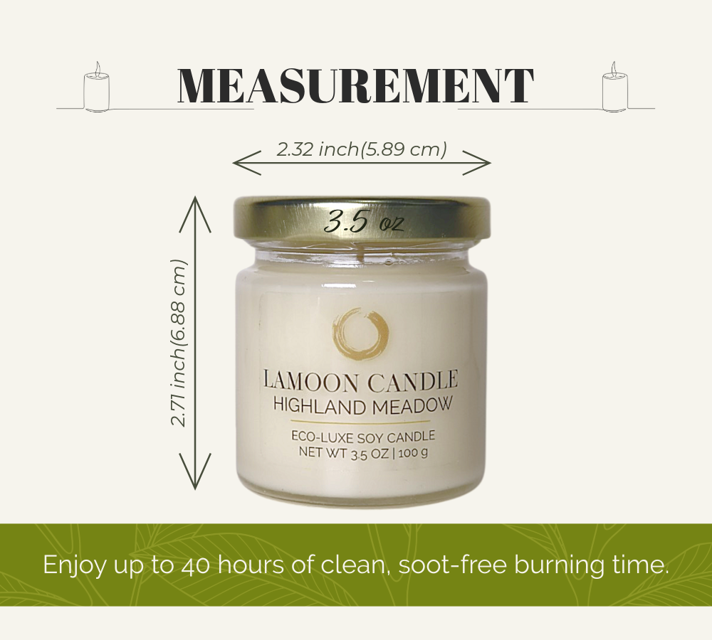 LaMoon Candle Highland Meadow 3.5 oz mini soy candle in a clear glass jar with a gold metallic twisted lid
