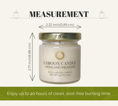 LaMoon Candle Highland Meadow 3.5 oz mini soy candle in a clear glass jar with a gold metallic twisted lid