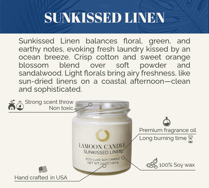 Sunkissed Linen 3.5 oz Soy Candle – Clear Glass Jar with Gold Twisted Lid - LaMoon Candle