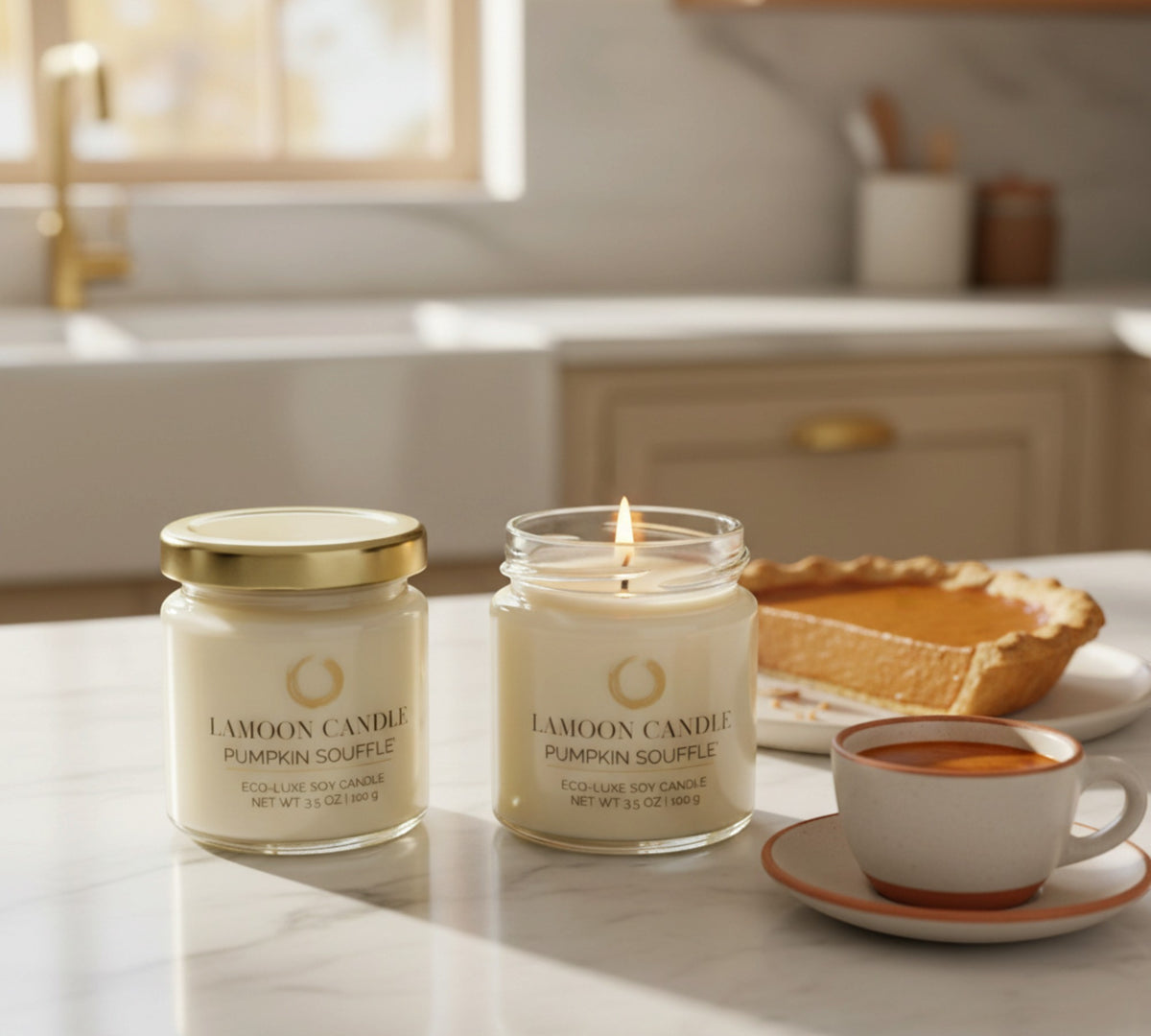 Pumpkin Soufflé 3.5 oz Soy Candle – Clear Glass Jar with Gold Twisted Lid - LaMoon Candle