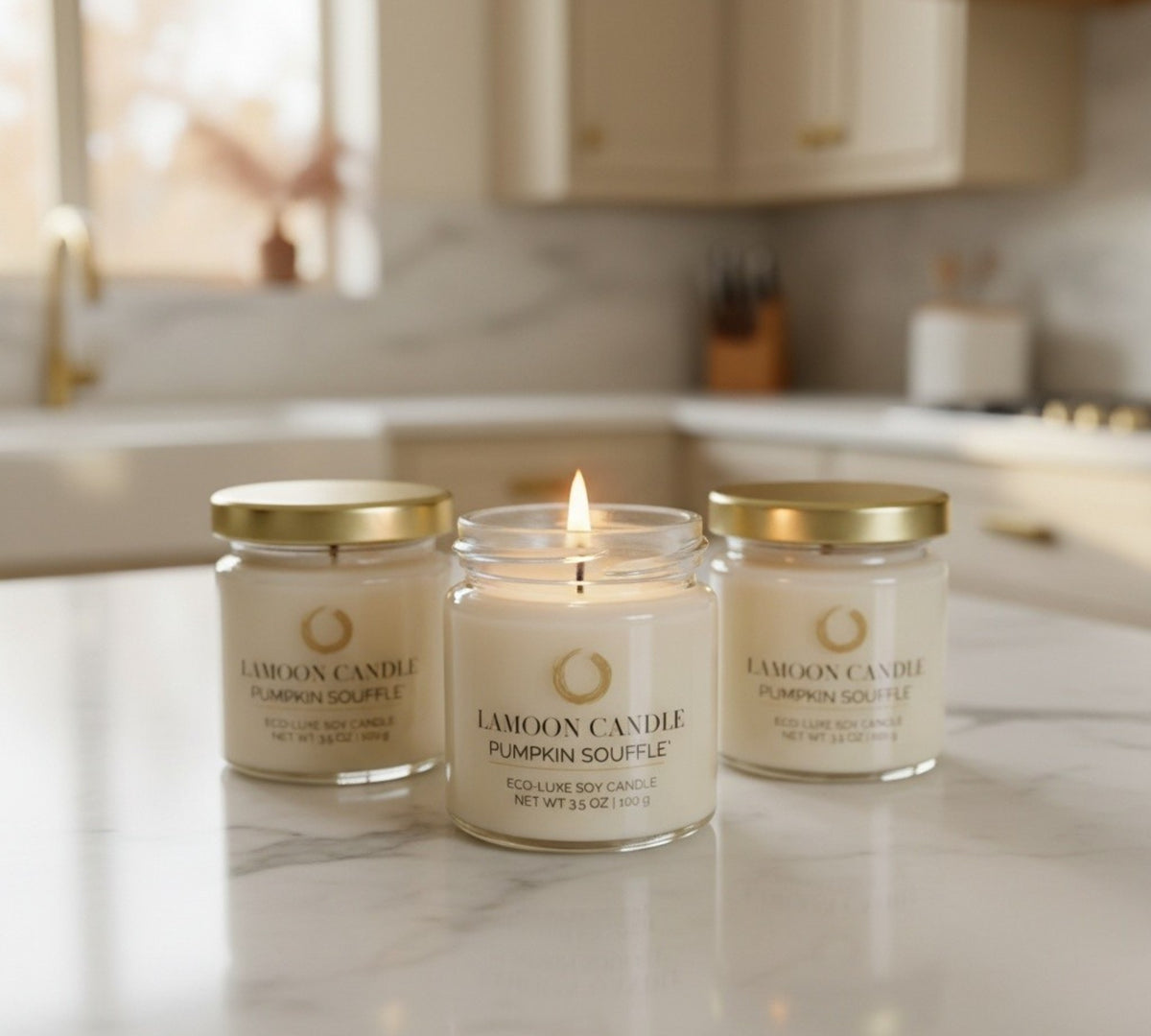 Pumpkin Soufflé 3.5 oz Soy Candle – Clear Glass Jar with Gold Twisted Lid - LaMoon Candle