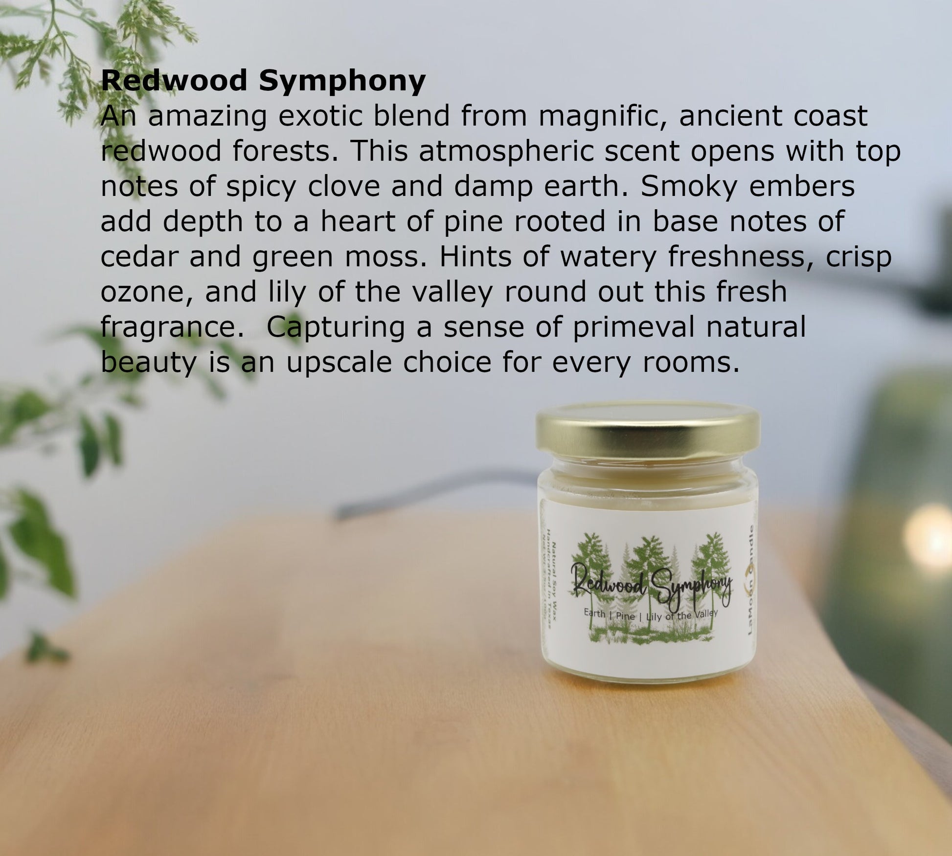 Natural soy wax candle in clear glass container and twist gold lid.