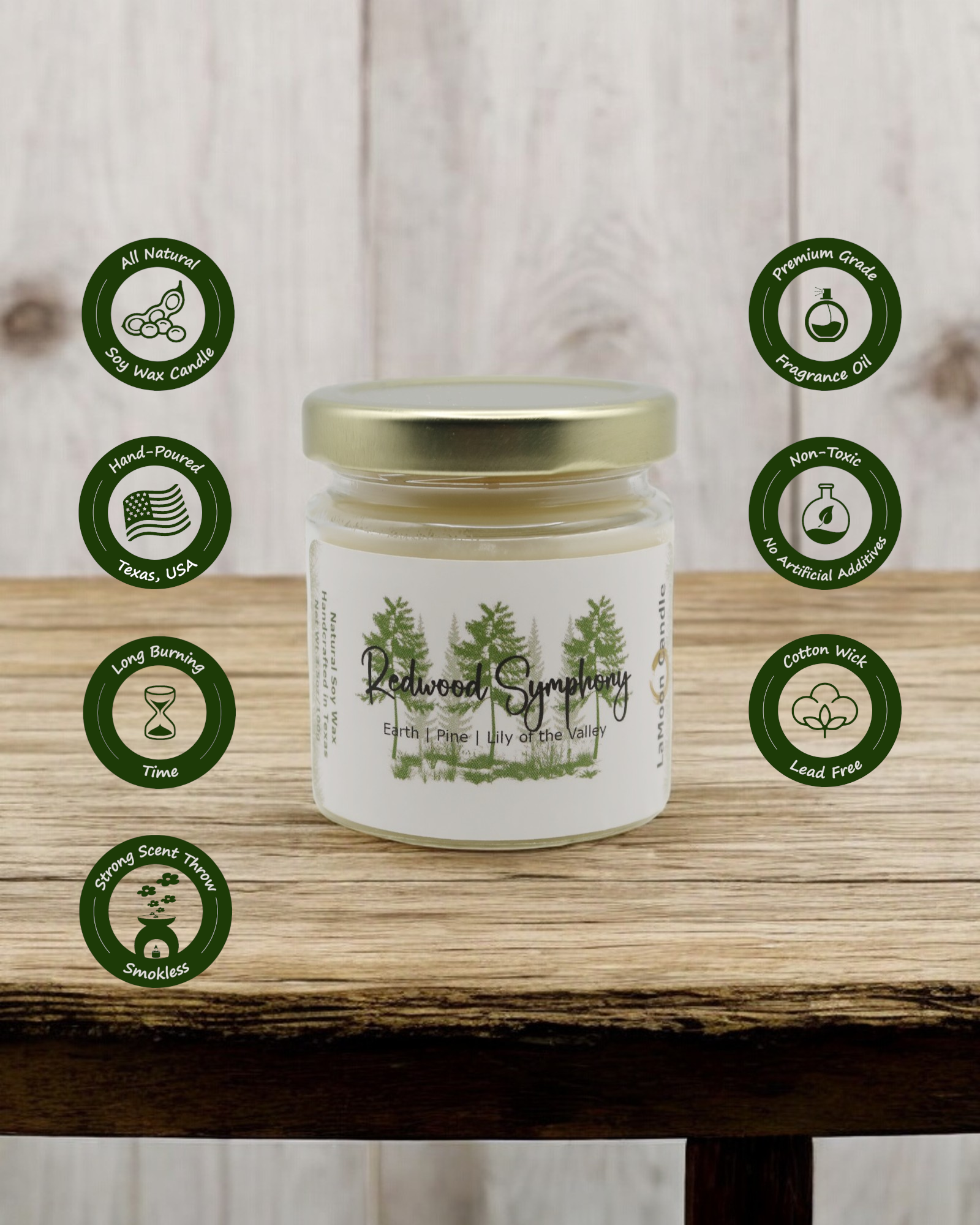 Natural soy wax candle in clear glass container and twist gold lid.