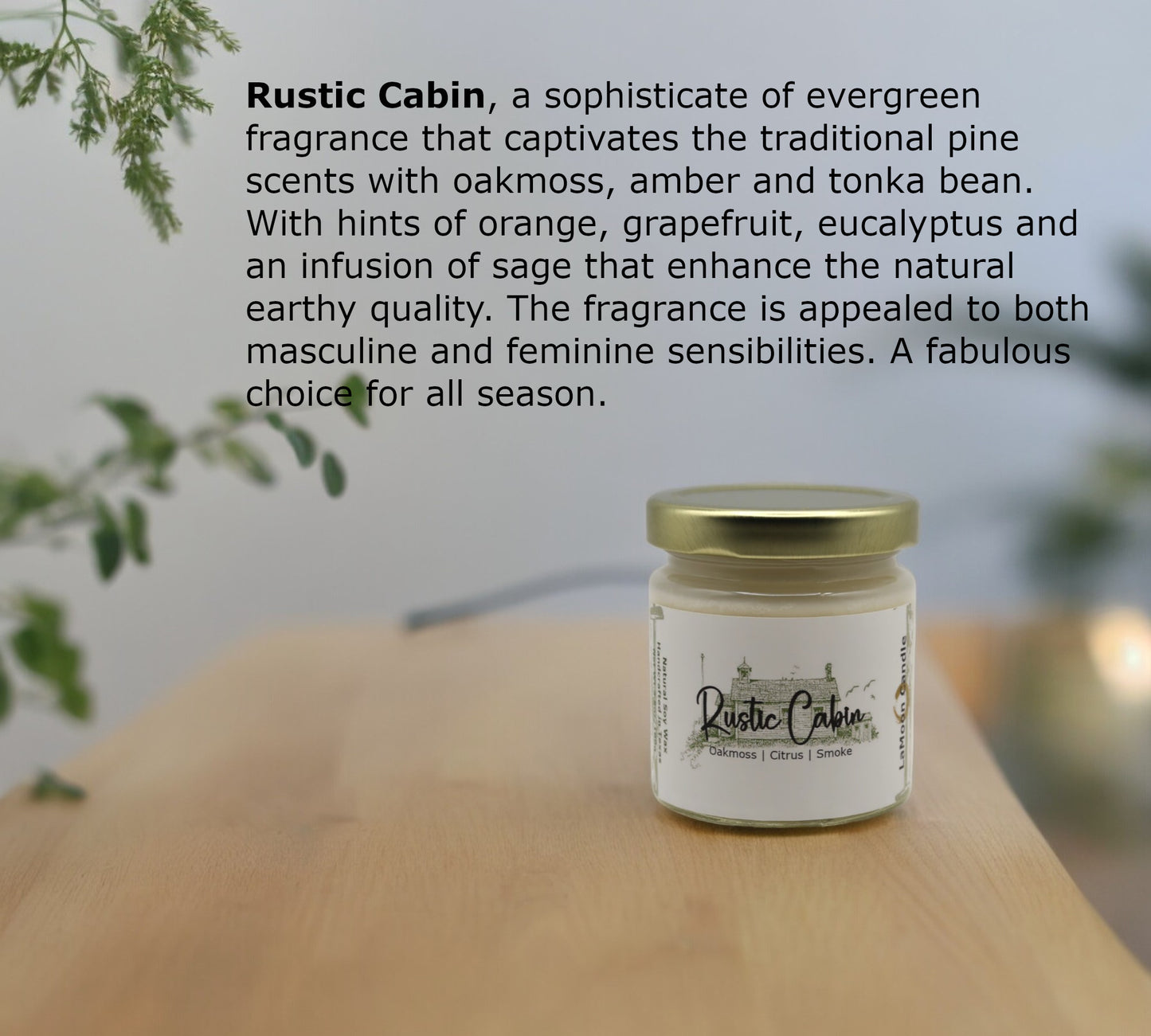 Natural soy wax candle in clear glass container and twist gold lid.