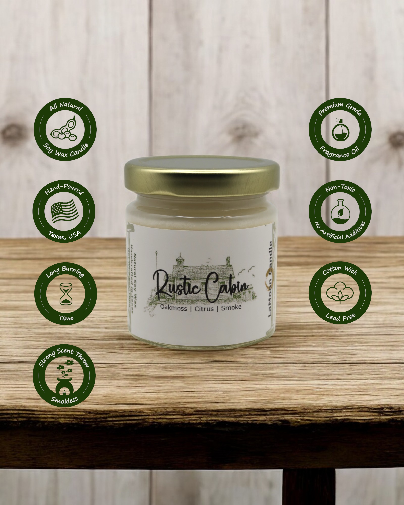 Natural soy wax candle in clear glass container and twist gold lid.