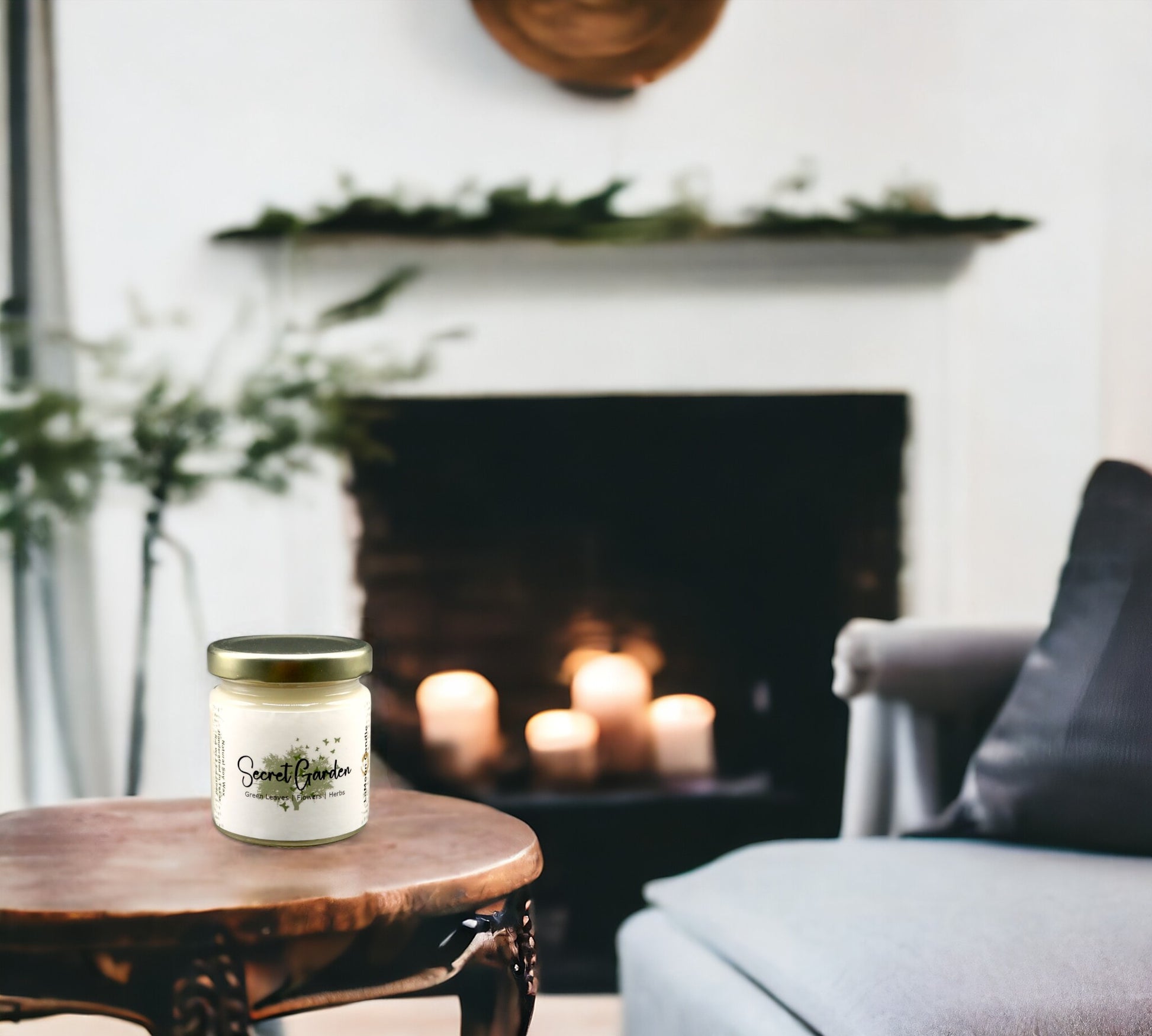 Natural soy wax candle in clear glass container and twist gold lid.