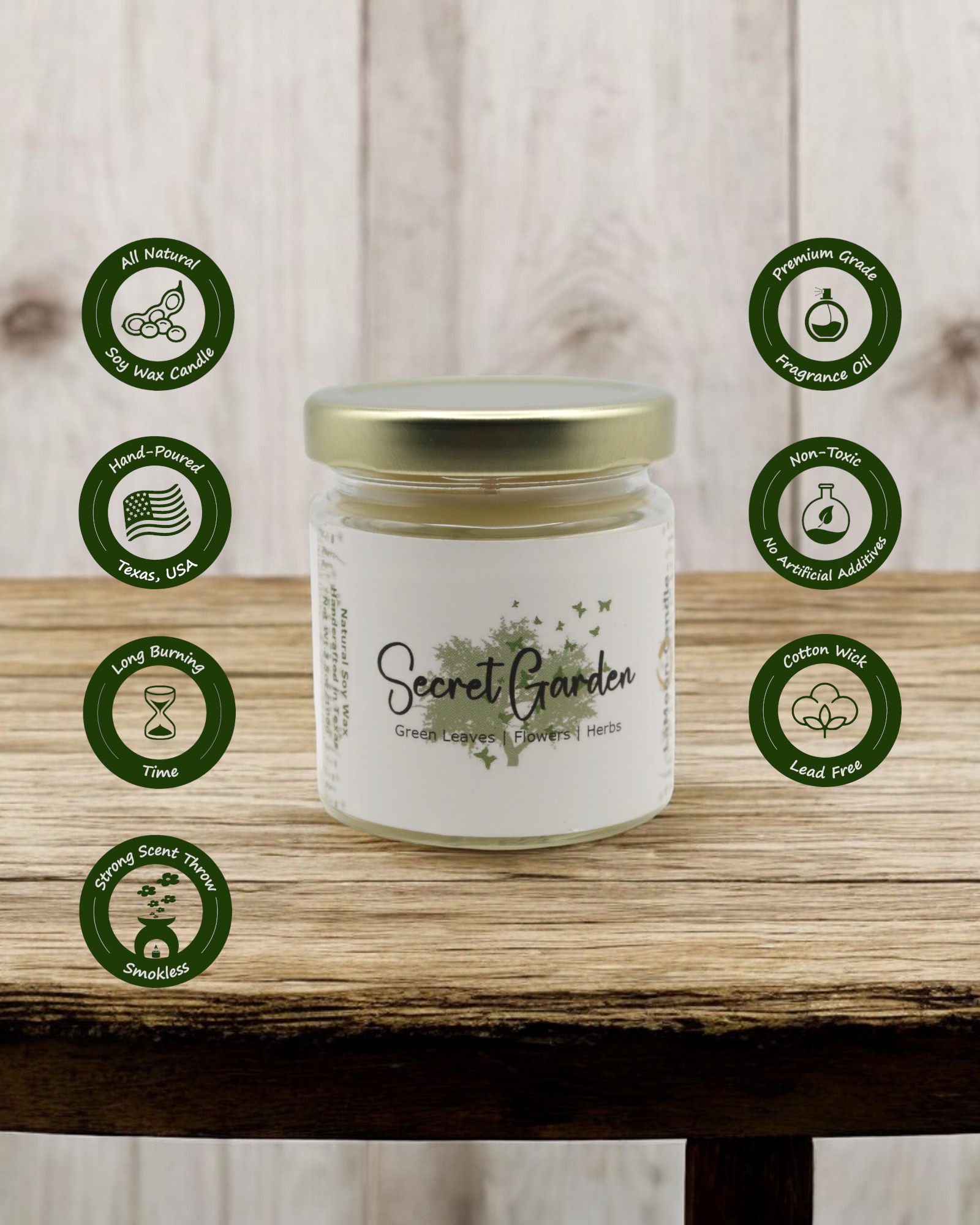 Natural soy wax candle in clear glass container and twist gold lid.