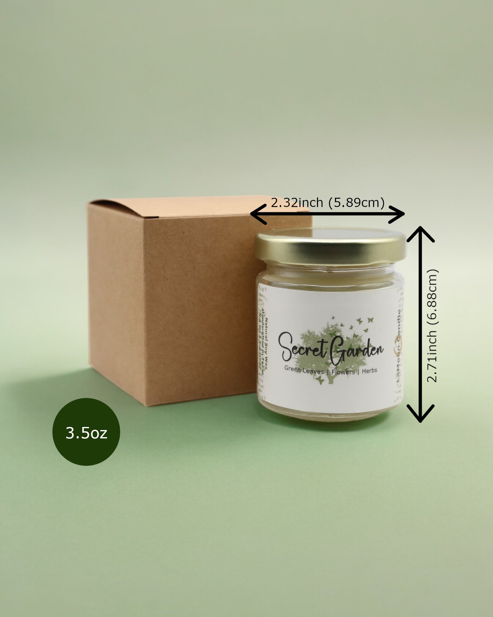 Natural soy wax candle in clear glass container and twist gold lid.