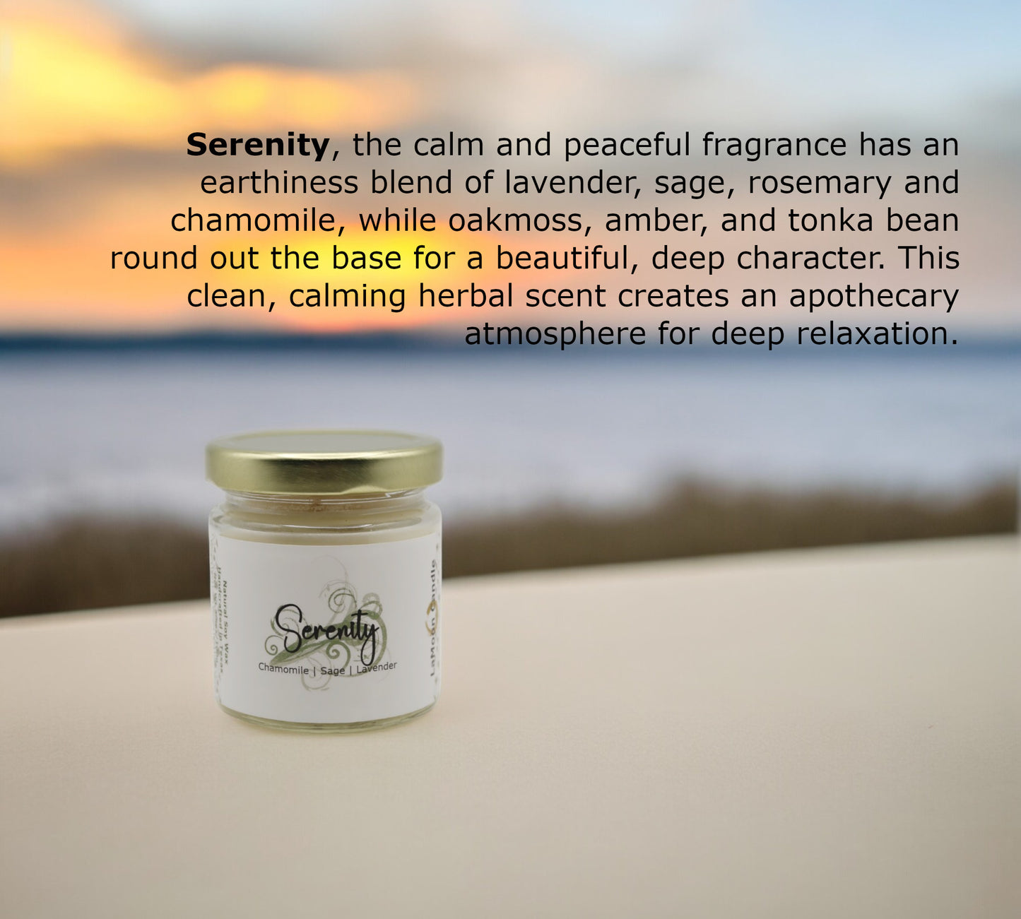 Natural soy wax candle in clear glass container and twist gold lid.