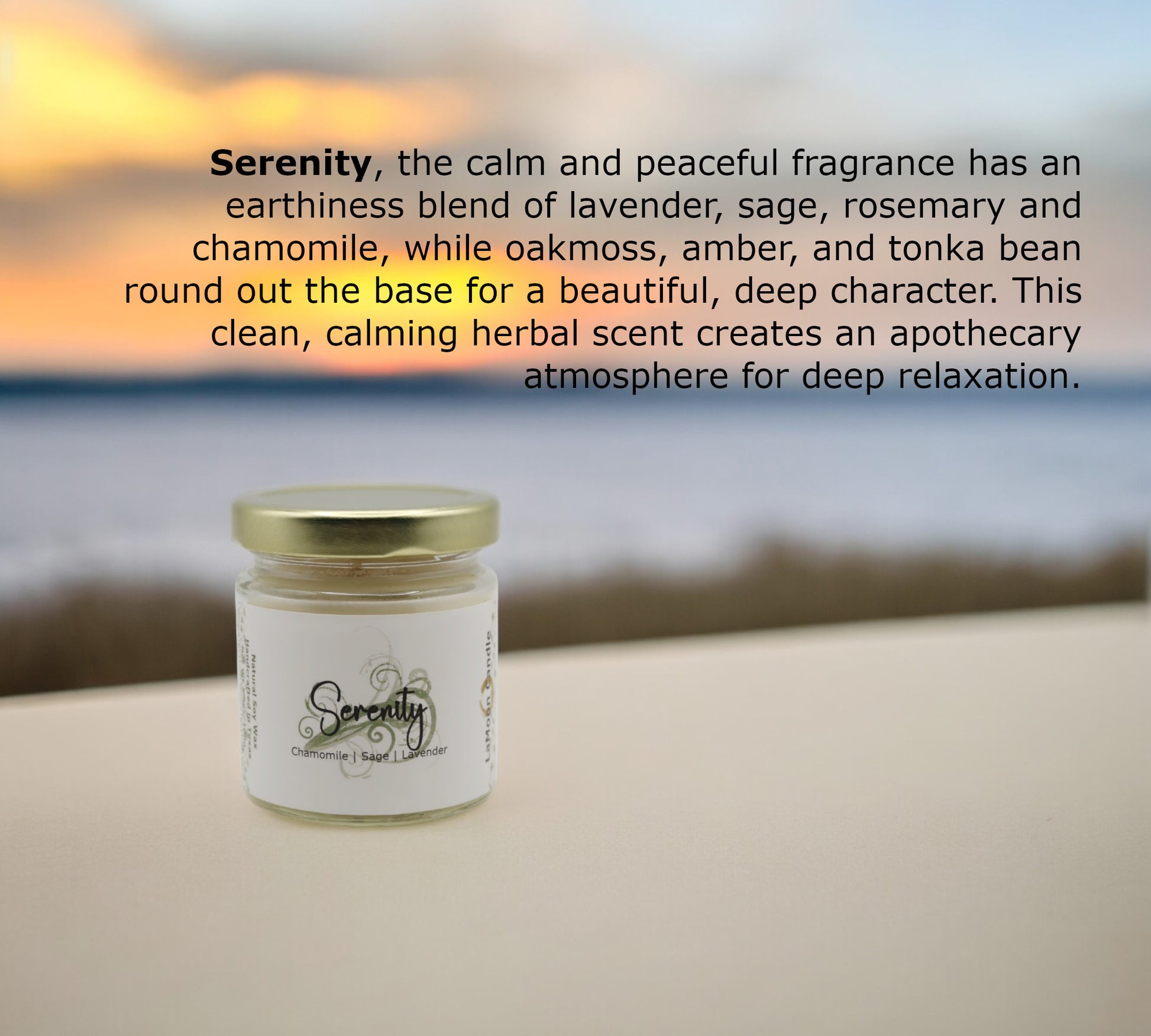 Natural soy wax candle in clear glass container and twist gold lid.