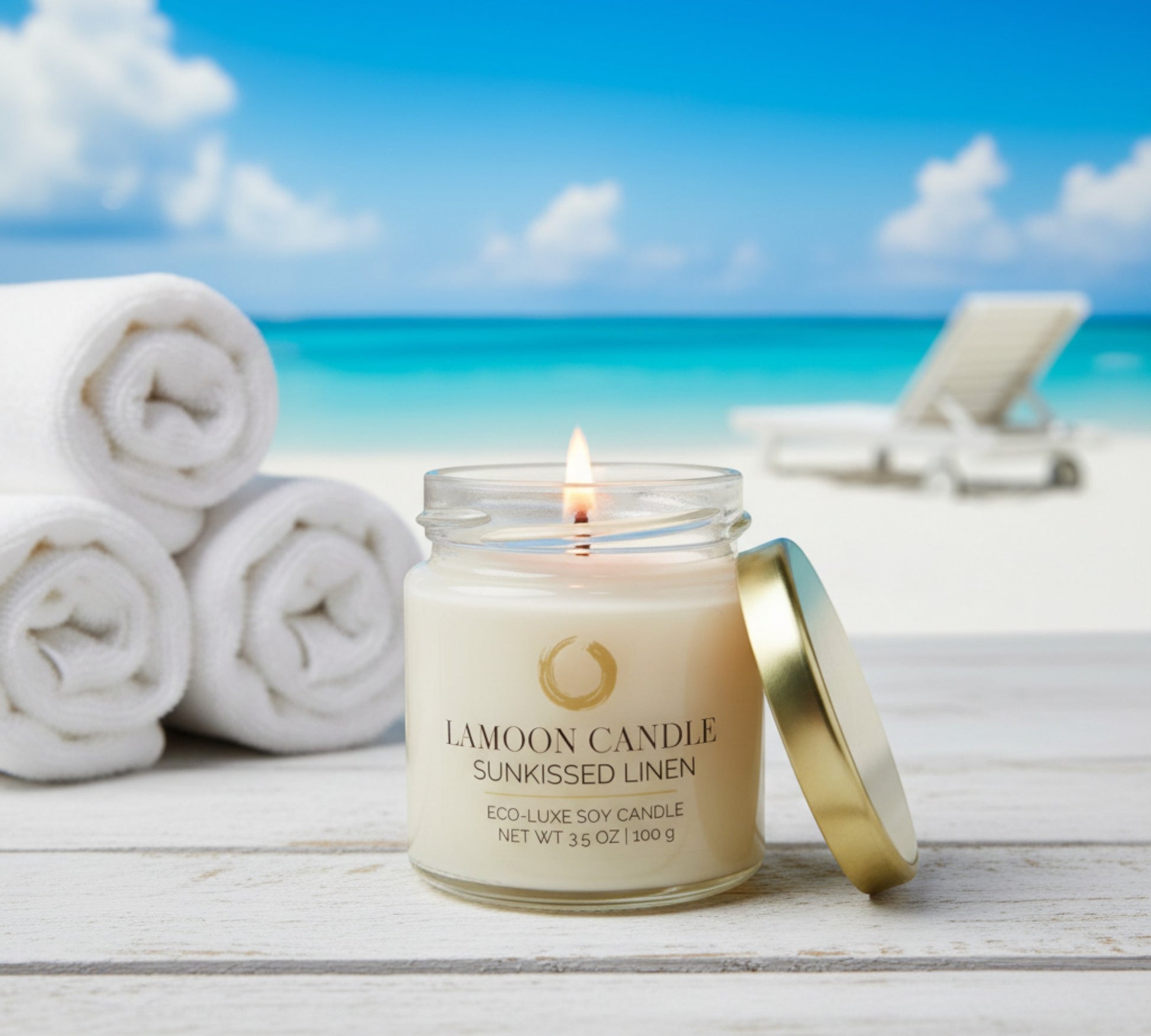 Sunkissed Linen 3.5 oz Soy Candle – Clear Glass Jar with Gold Twisted Lid - LaMoon Candle