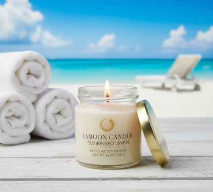 Sunkissed Linen 3.5 oz Soy Candle – Clear Glass Jar with Gold Twisted Lid - LaMoon Candle