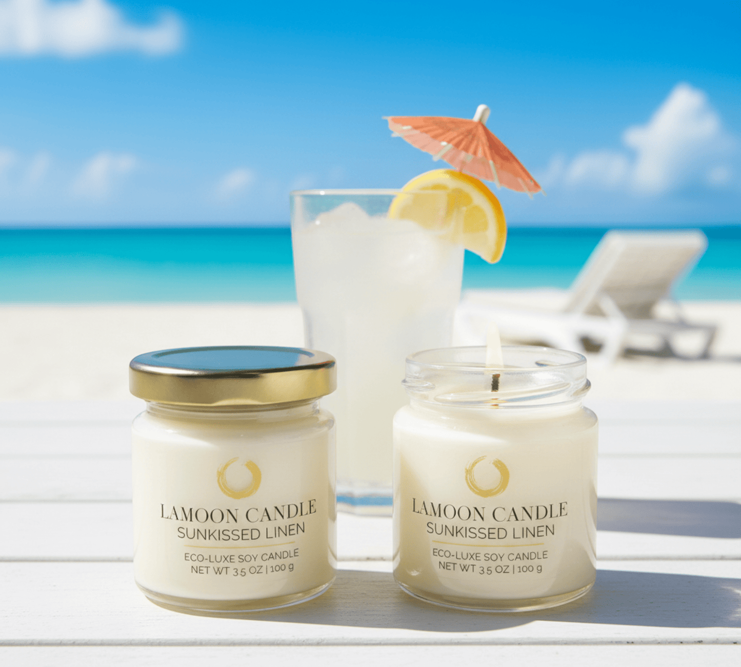 Sunkissed Linen 3.5 oz Soy Candle – Clear Glass Jar with Gold Twisted Lid - LaMoon Candle