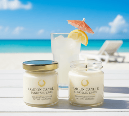 Sunkissed Linen 3.5 oz Soy Candle – Clear Glass Jar with Gold Twisted Lid - LaMoon Candle