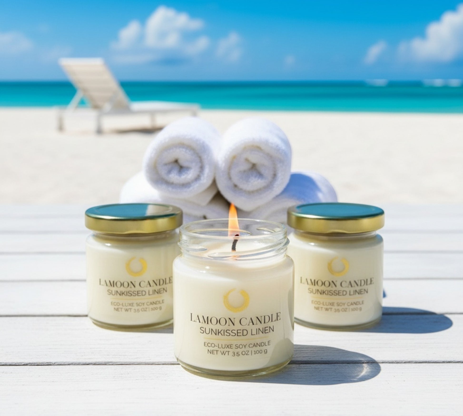 Sunkissed Linen 3.5 oz Soy Candle – Clear Glass Jar with Gold Twisted Lid - LaMoon Candle