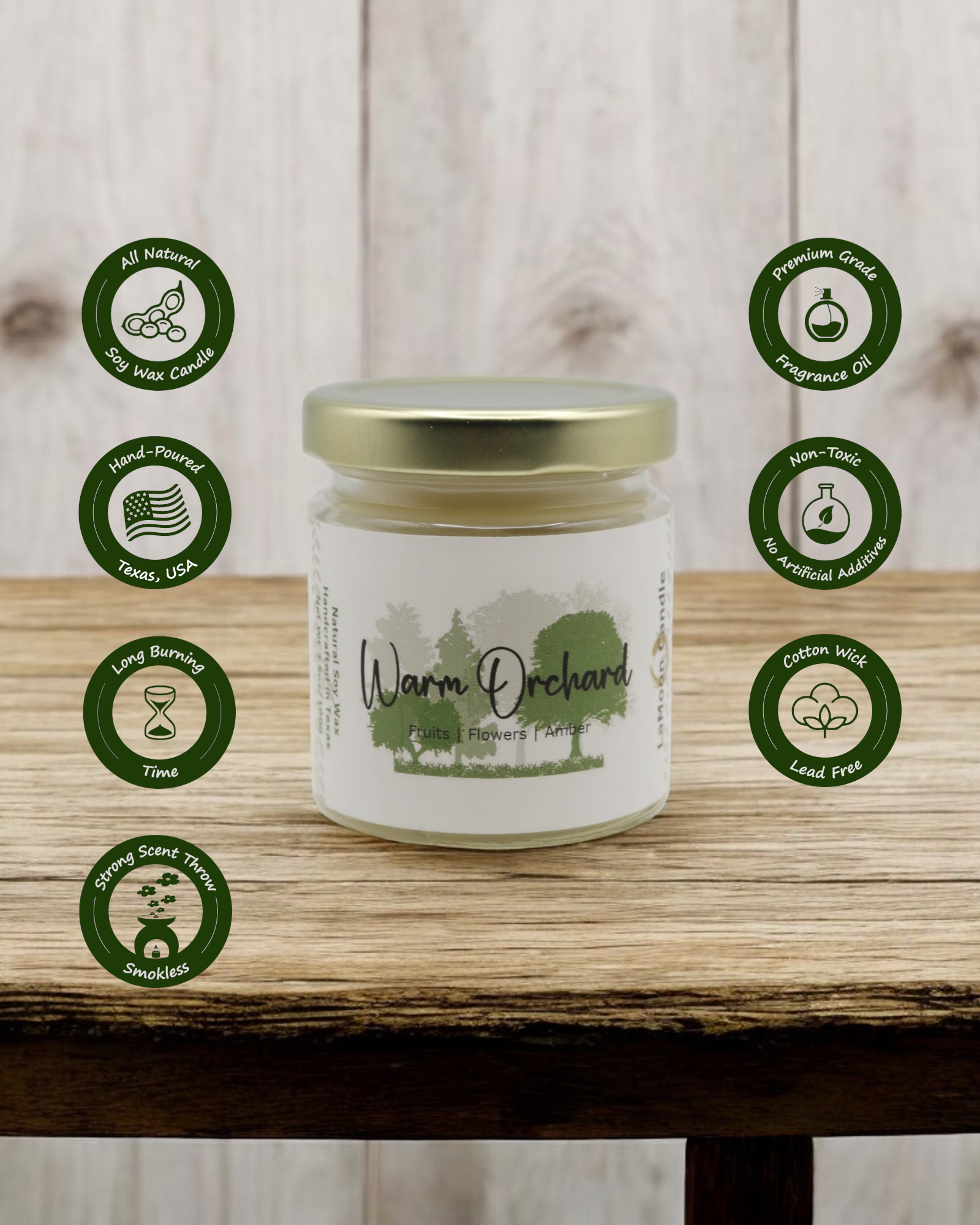 Natural soy wax candle in clear glass container and twist gold lid.