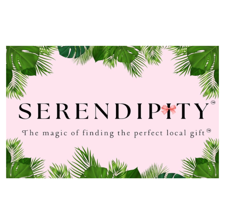 Serendipity logo with green leaf border on pink background