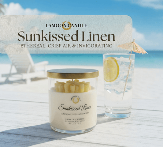 Sunkissed Linen Premium Soy Candle (8.5oz) – Clear Glass Jar with Gold Lid - LaMoon Candle