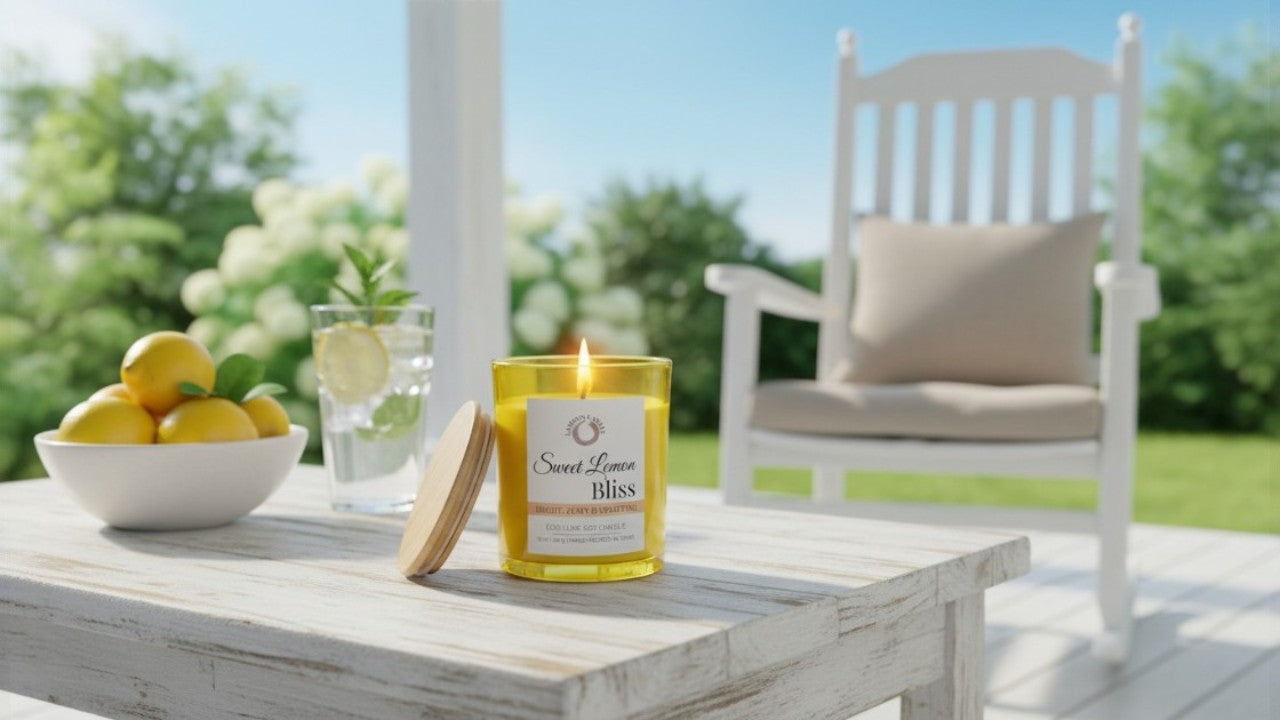 Candle labeled 'Sweet Lemon Bliss' from LaMoon Candle on a table with a bowl of lemons, a glass of lemonade and a chair in the background.