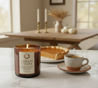 Pumpkin Soufflé 8.5 oz Soy Candle – Amber Glass Jar with Gold Twisted Lid - LaMoon Candle