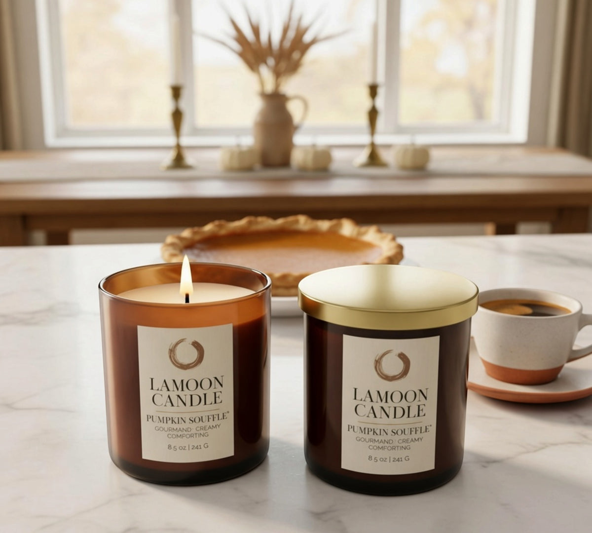 Pumpkin Soufflé 8.5 oz Soy Candle – Amber Glass Jar with Gold Twisted Lid - LaMoon Candle