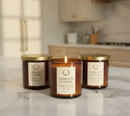 Pumpkin Soufflé 8.5 oz Soy Candle – Amber Glass Jar with Gold Twisted Lid - LaMoon Candle