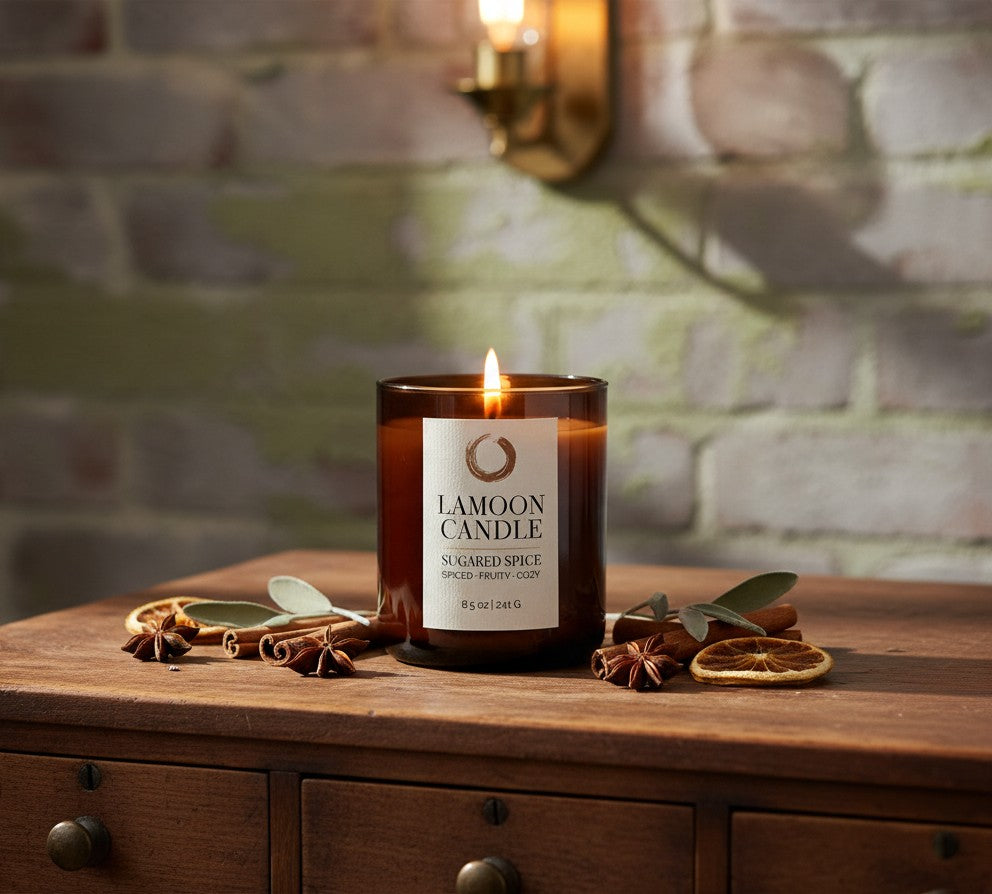 A lit amber glass candle labeled 'LAMOON CANDLE SUGARED SPICE' sits on a wooden cabinet against a rustic brick wall, surrounded by dried orange slices, cinnamon sticks, and star anise.