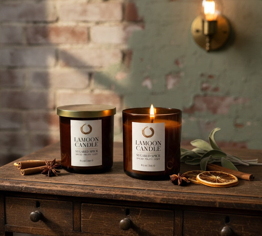 Two LaMoon Candle scented soy candles in amber glass jars with white labels and gold lids, lit and displayed on a rustic wooden table with cinnamon sticks, star anise, and dried orange slices against a brick and painted wall background.