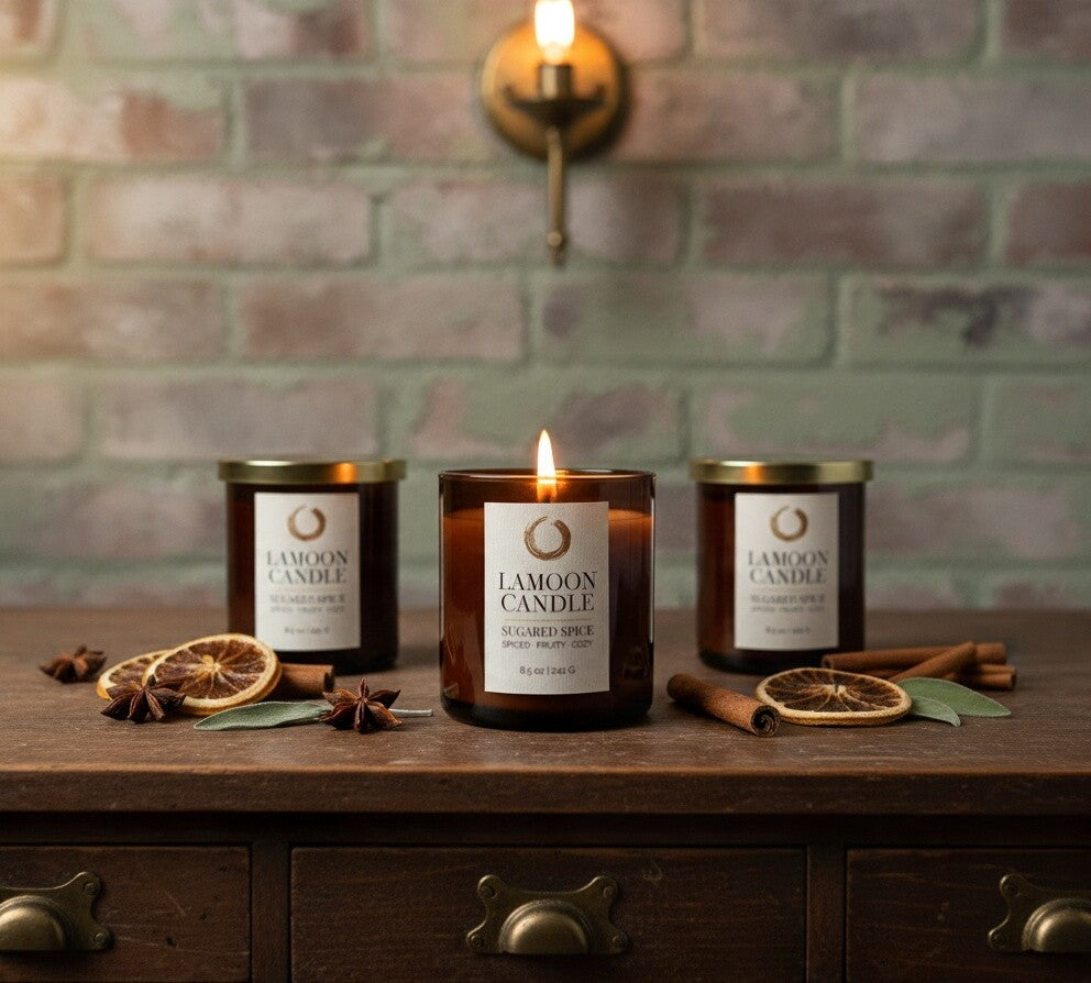 Three LaMoon Candle jars arranged on a wooden cabinet against a brick wall, with the center amber glass jar lit and surrounded by dried orange slices, cinnamon sticks, and star anise.